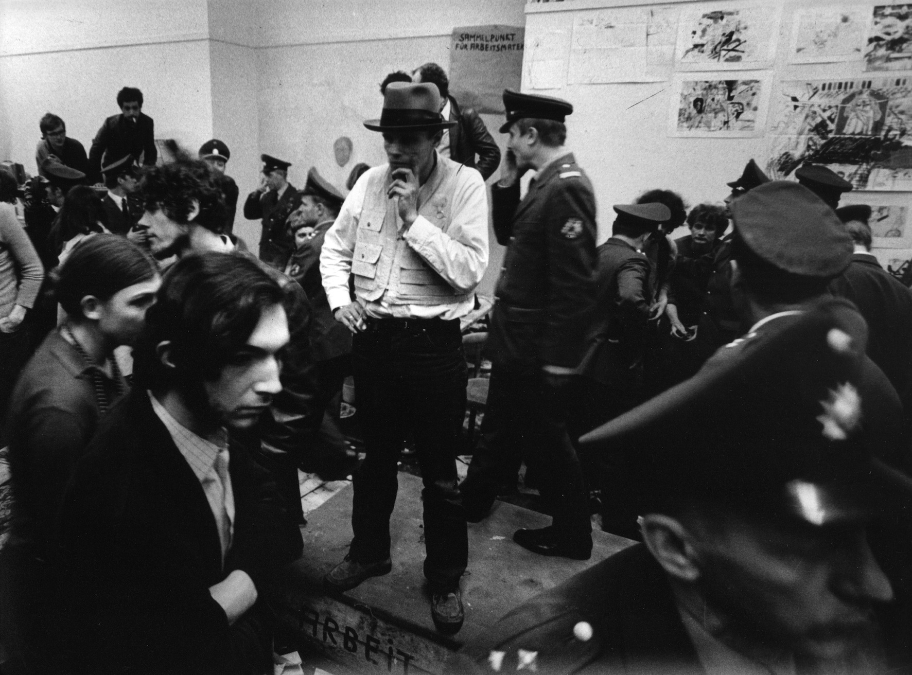 Joseph Beuys during the eviction of the secretariat of the Staatliche Kunstakademie in Düsseldorf, 1972.