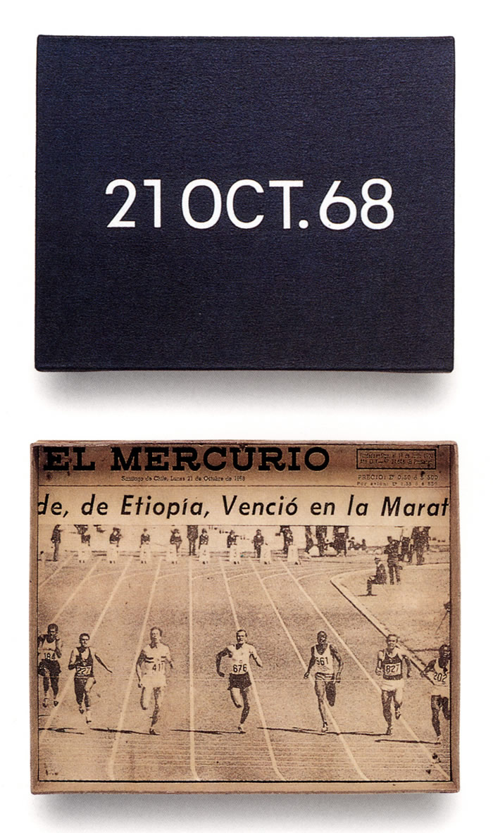On Kawara: 21 OCT. 68, 1968. Liquitex on canvas, handmade cardboard box with newspaper; 20.5 x 25.5 cm.