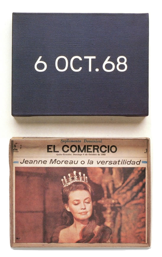 On Kawara: 6 OCT.68, 1968. Liquitex on canvas, handmade cardboard box with newspaper, 25.4 x 33 cm.