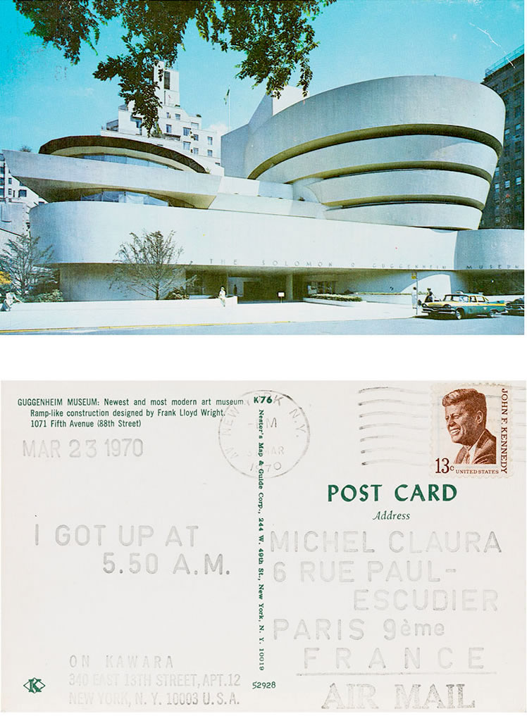 On Kawara, MAR – 23 1970, 1970, stamped ink on postcard, 8.8 x 14 cm. From the series “I Got Up,” 1968-79.