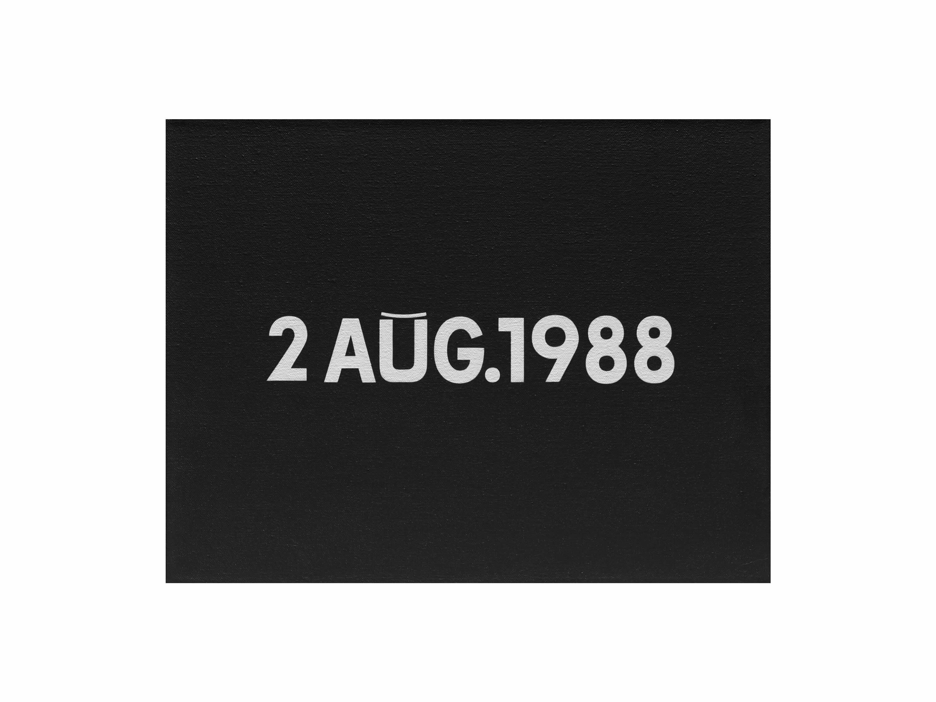 On Kawara: 2 AUG. 1988, Liquitex on canvas, 25.4 x 33 cm, 1988.
