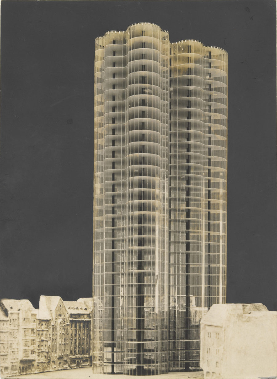 Mies van der Rohe. Glass Skyscraper Project. 1922.View of model: airbrushed gouache on gelatin silver photograph.
