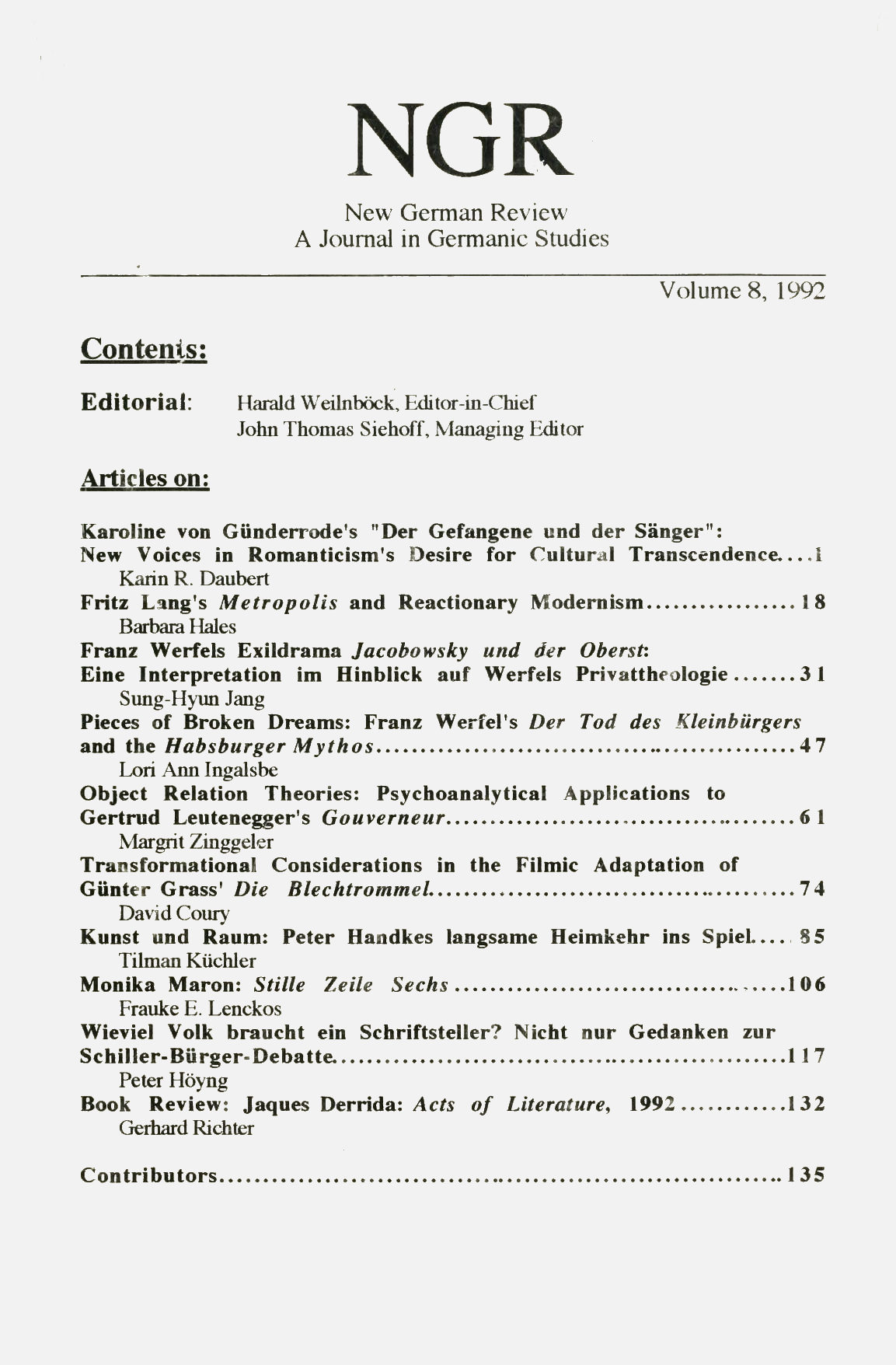 New German Review: A Journal of Germanic Studies Vol. 8 (1992)