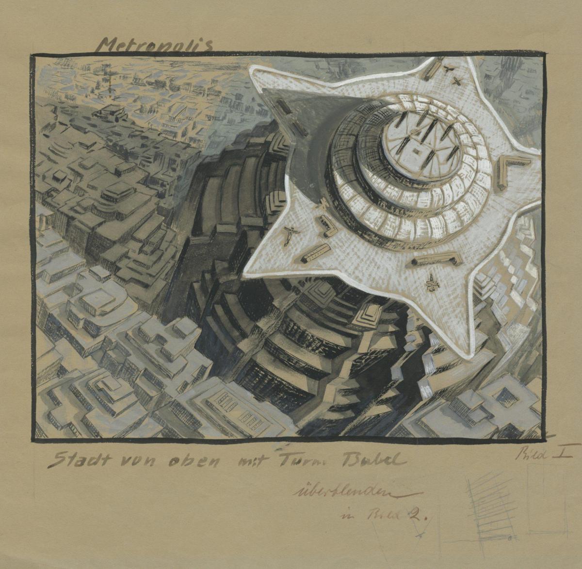 Metropolis (1927), Erich Kettlehut, 'City from above', architectural sketch, 1926. 