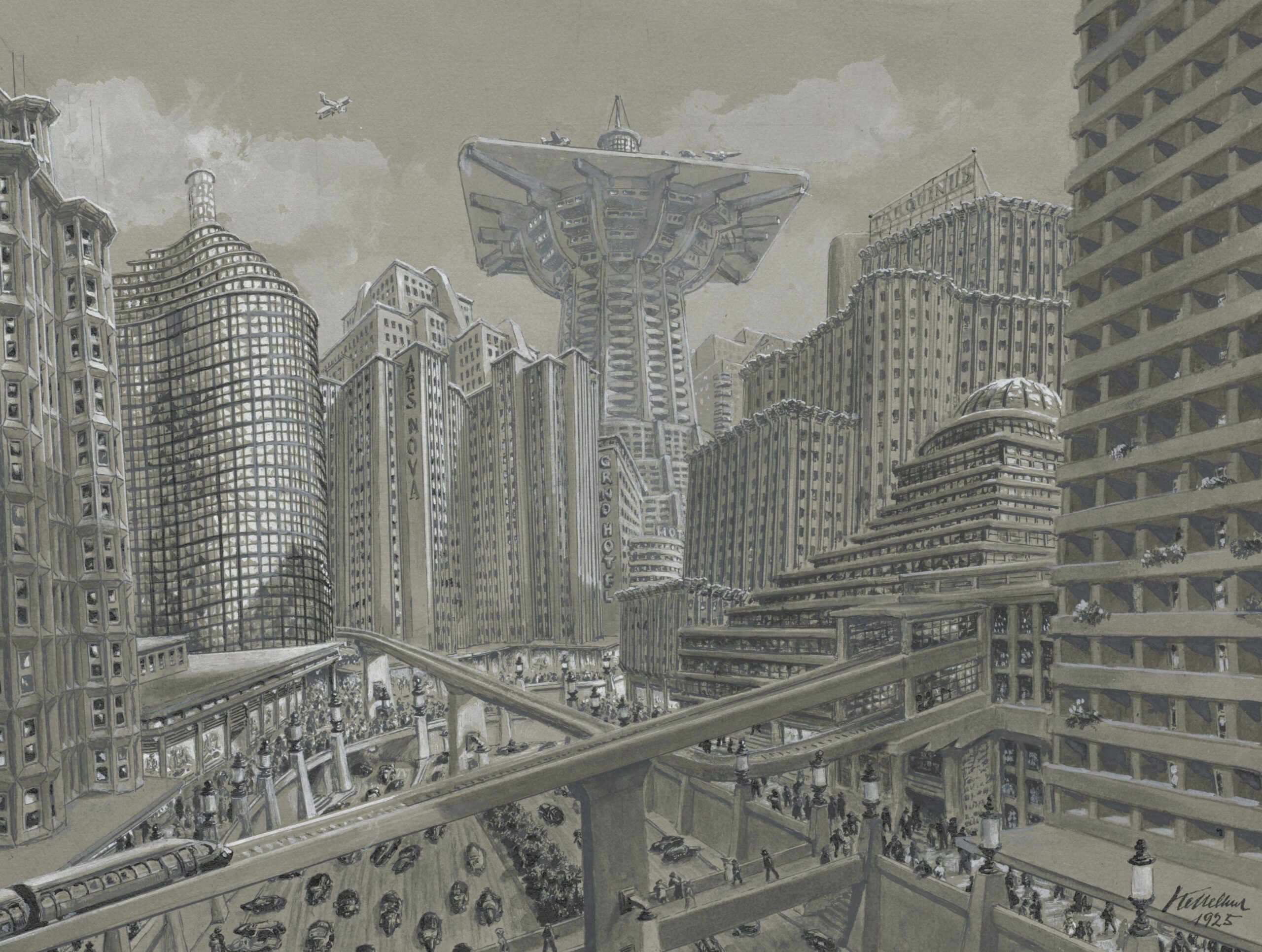 Metropolis (1927), Erich Kettlehut, 'City first version', architectural sketch, 1925. 