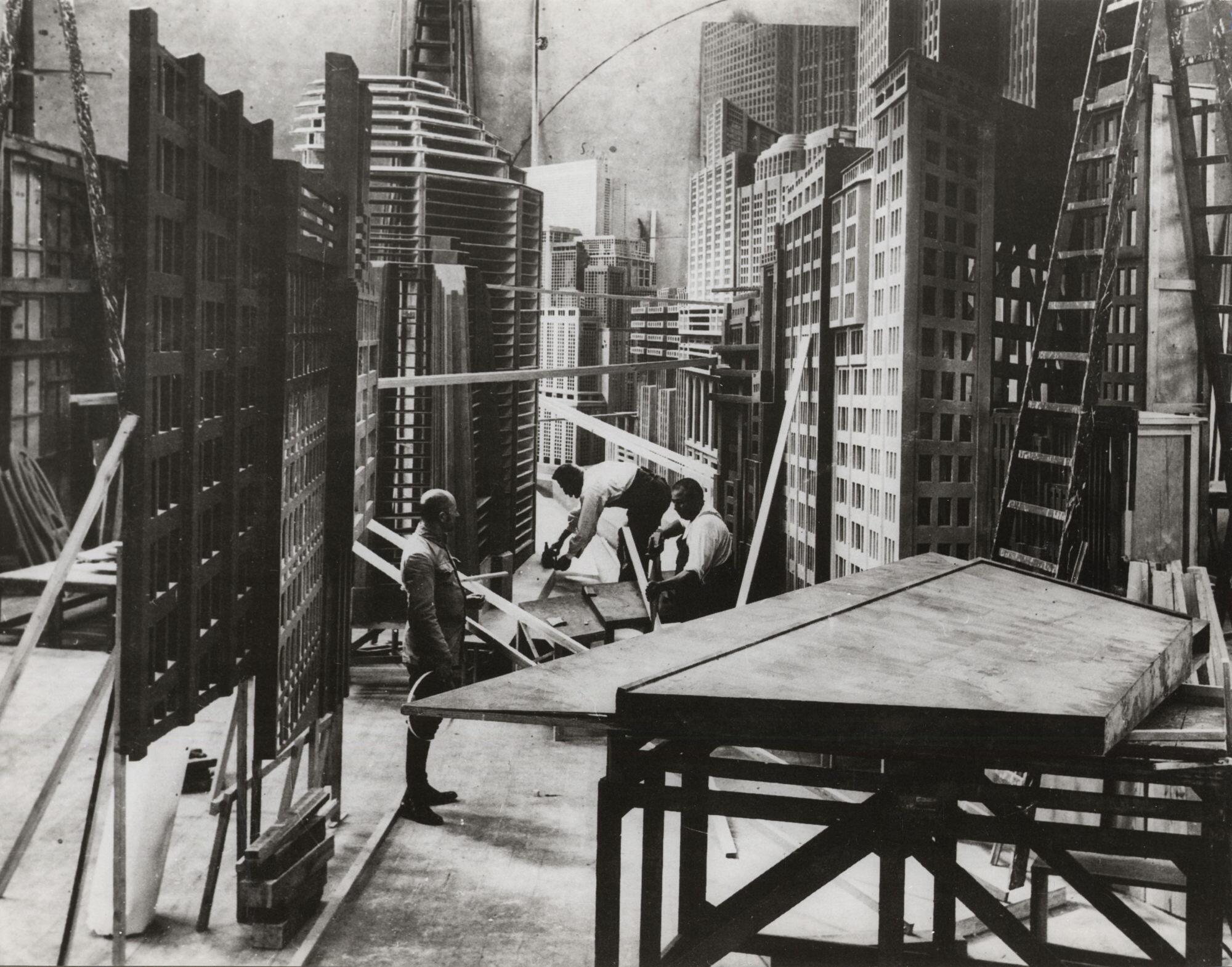 Metropolis (1927), Carpentry work for the construction of the skyscapers, production still.  