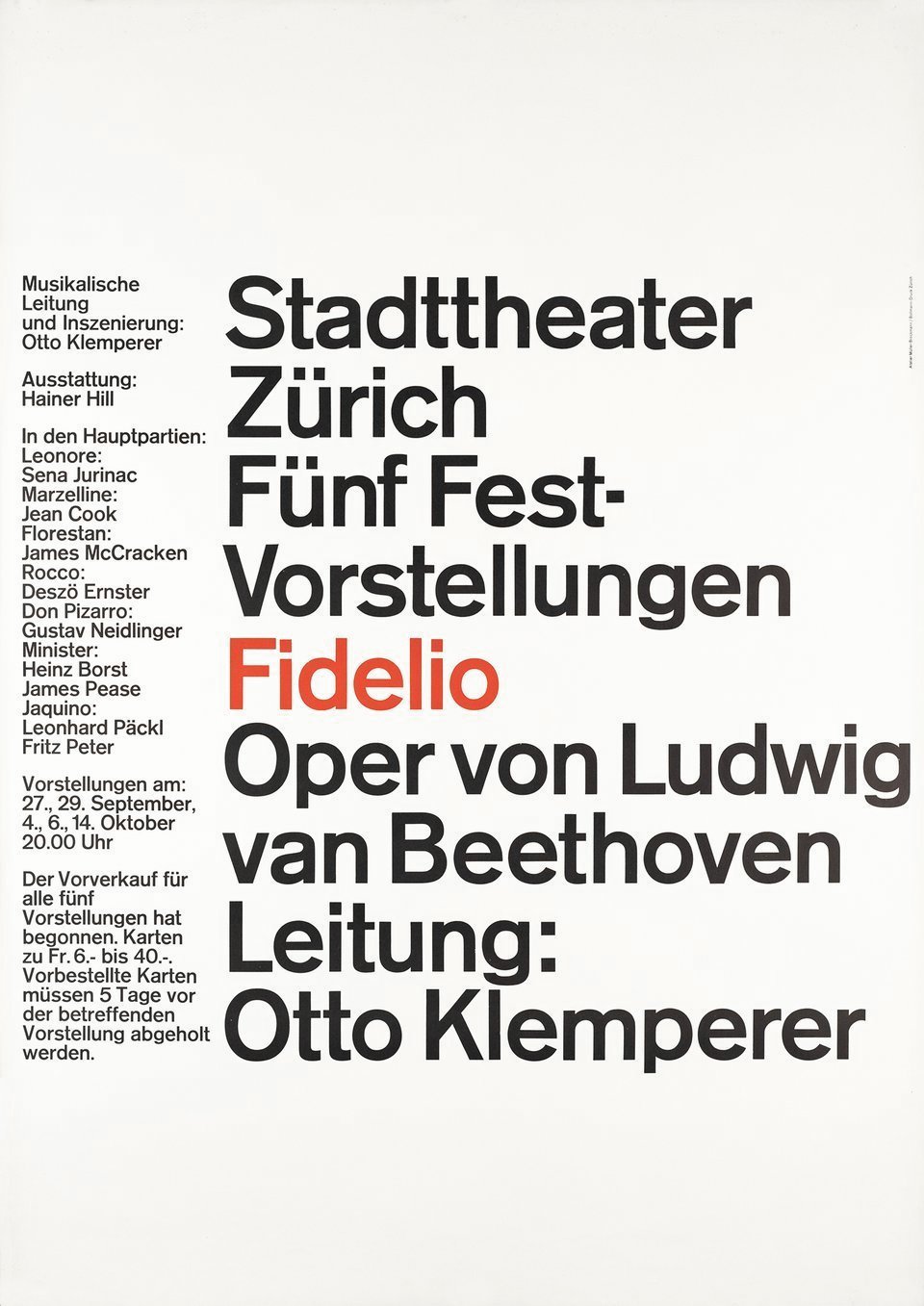 Josef Müller-Brockmann: Stadttheater Zürich / Fünf Fest-Vorstellungen Fidelio / 1961