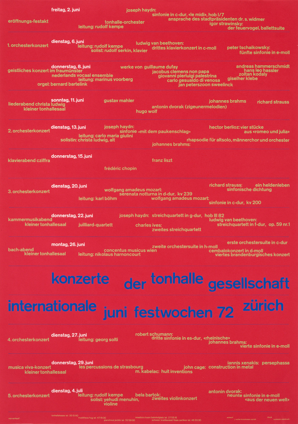 Josef Müller-Brockmann: Konzerte der Tonhalle-Gesellschaft Internationale Juni-Festwochen Zürich 72