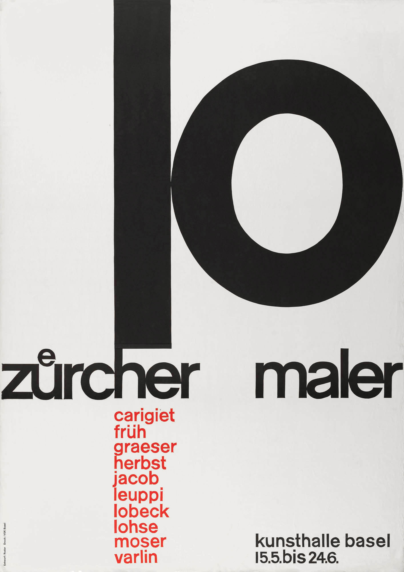 Emil Ruder: 10 Zürcher Maler Kunsthalle Basel 1957. Linocut two-colour print 128 x 90 cm