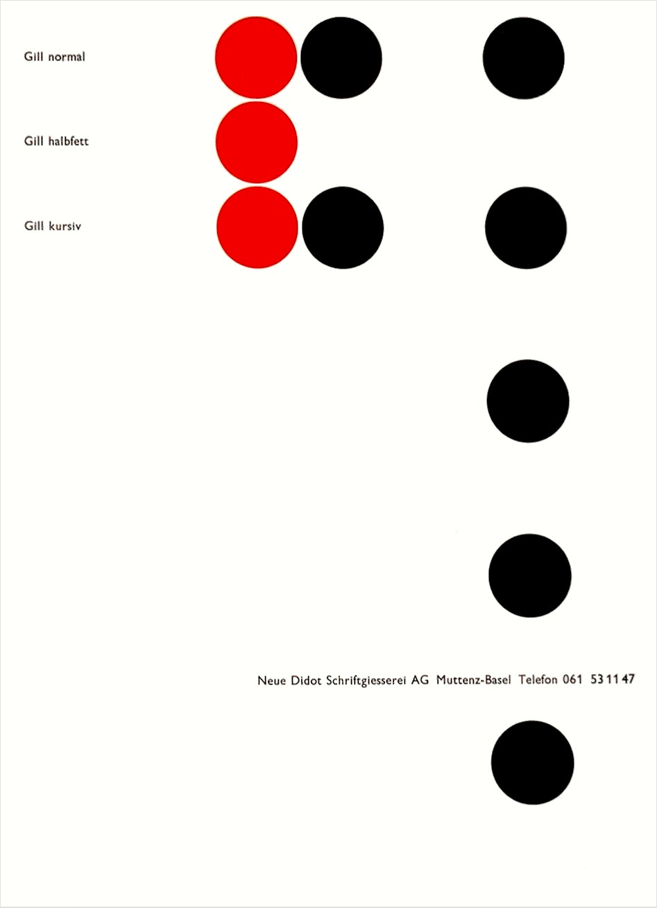 Emil Ruder: Gill normal, halbfett, kursive type speciman, Neue Didot Schriftgiesserei, Muttenz, 1953