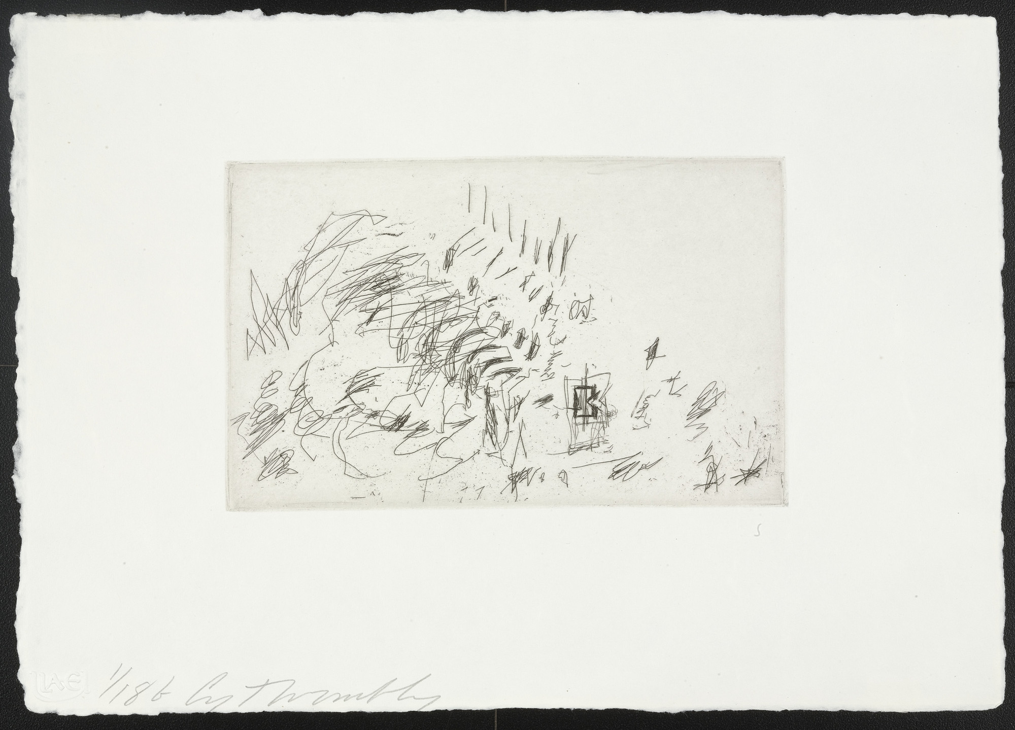 Cy Twombly: SKETCHES 1967 / (Etchings are inscribed “a” “b” “c” “d” “e” and “f”) / Paper size 22 x 31 cm / Edition 18 (1-18) / Bastian 13.