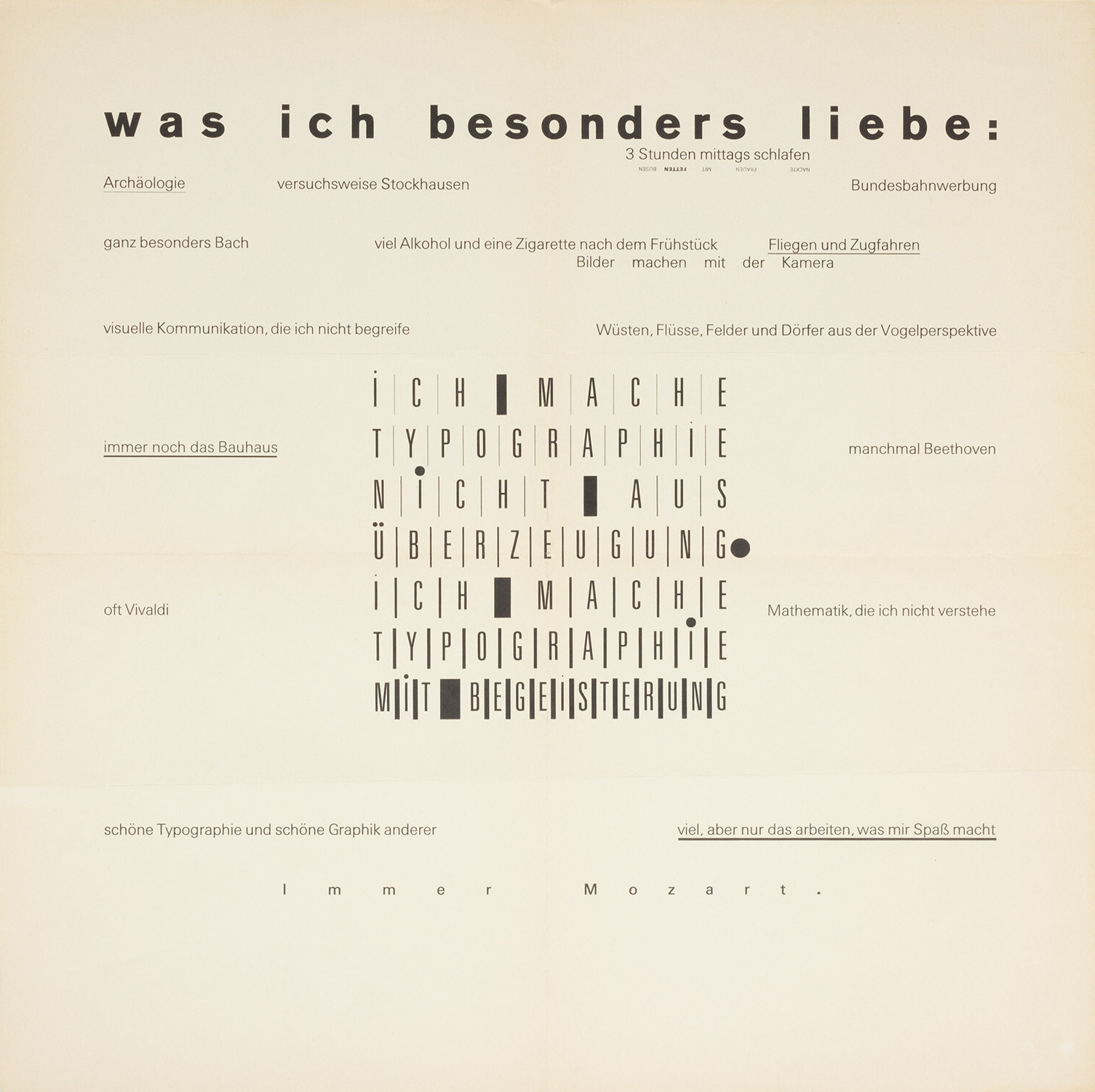 Wolfgang Weingart: was ich besonders liebe. 1969. Lithograph. (50 x 50 cm)